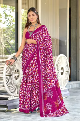 Pink mulcotton hand block print saree with unstitched blouse piece