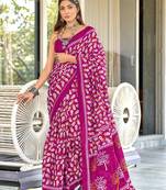 Pink mulcotton hand block print saree with unstitched blouse piece