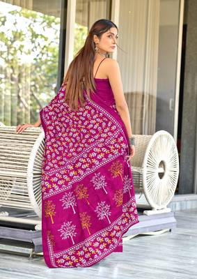Pink mulcotton hand block print saree with unstitched blouse piece 2