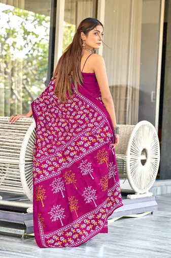 Pink mulcotton hand block print saree with unstitched blouse piece