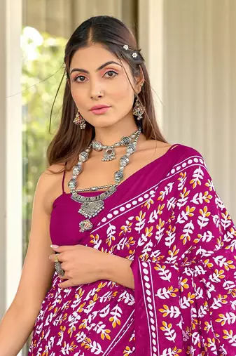 Pink mulcotton hand block print saree with unstitched blouse piece