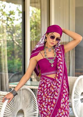 Pink mulcotton hand block print saree with unstitched blouse piece 4