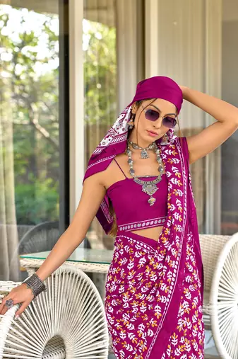Pink mulcotton hand block print saree with unstitched blouse piece