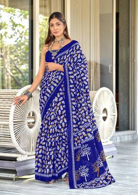 Blue mulcotton hand block print saree with unstitched blouse piece 1