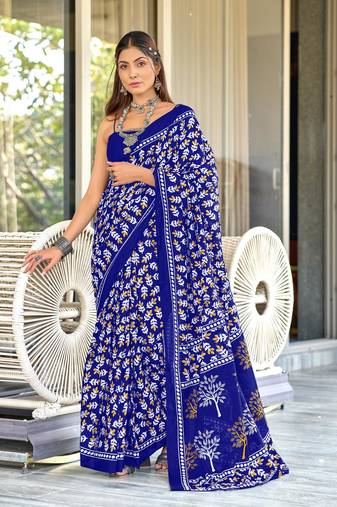 Blue mulcotton hand block print saree with unstitched blouse piece