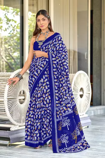 Blue mulcotton hand block print saree with unstitched blouse piece