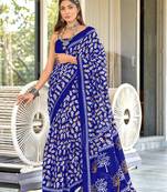 Blue mulcotton hand block print saree with unstitched blouse piece