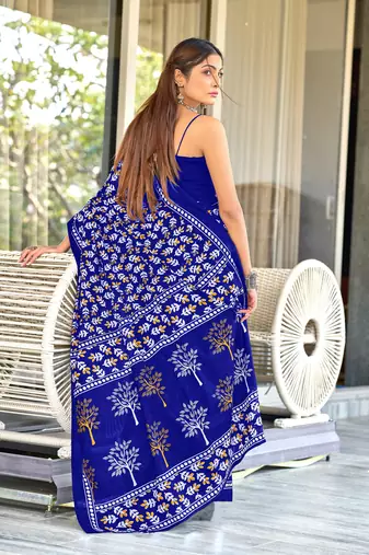 Blue mulcotton hand block print saree with unstitched blouse piece