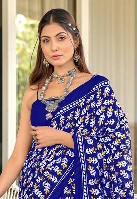Blue mulcotton hand block print saree with unstitched blouse piece 3