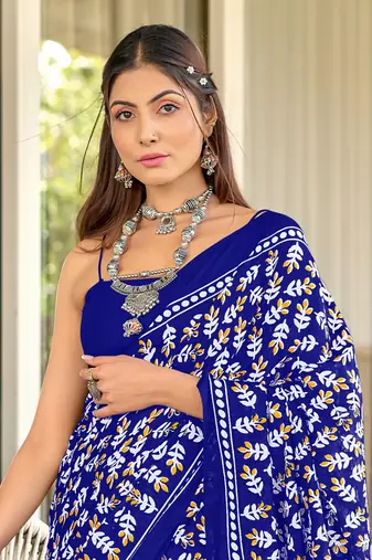 Blue mulcotton hand block print saree with unstitched blouse piece