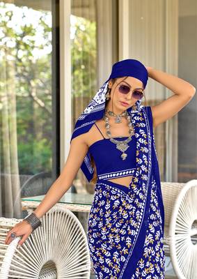 Blue mulcotton hand block print saree with unstitched blouse piece 4