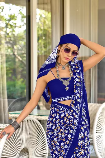 Blue mulcotton hand block print saree with unstitched blouse piece
