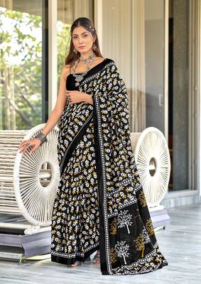Black mulcotton hand block print saree with unstitched blouse piece 1