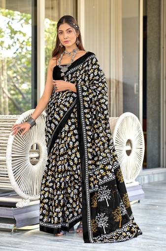 Black mulcotton hand block print saree with unstitched blouse piece