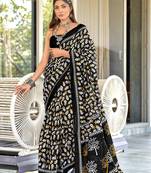 Black mulcotton hand block print saree with unstitched blouse piece