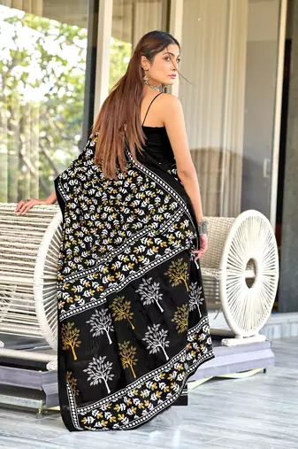 Black mulcotton hand block print saree with unstitched blouse piece