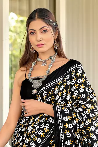 Black mulcotton hand block print saree with unstitched blouse piece