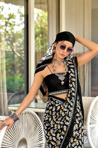 Black mulcotton hand block print saree with unstitched blouse piece