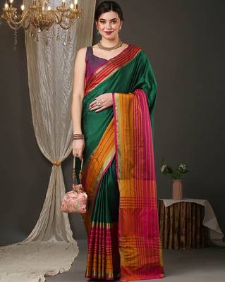 Dark green border silk blend saree with contrast  blouse 1