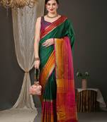 Dark green border silk blend saree with contrast  blouse