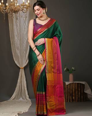 Dark green border silk blend saree with contrast  blouse 2