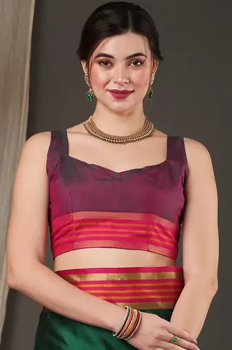 Dark green border silk blend saree with contrast  blouse