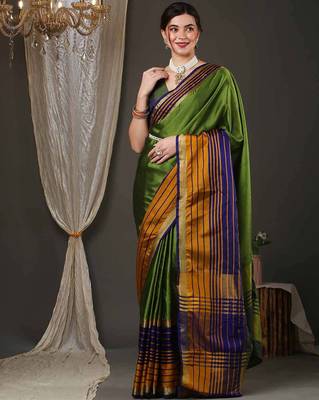 Green border silk blend saree with contrast  blouse 1