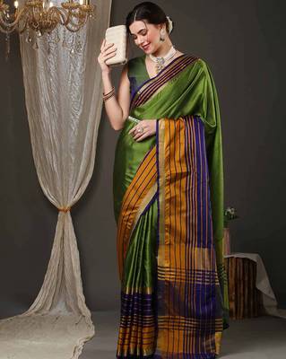 Green border silk blend saree with contrast  blouse 2