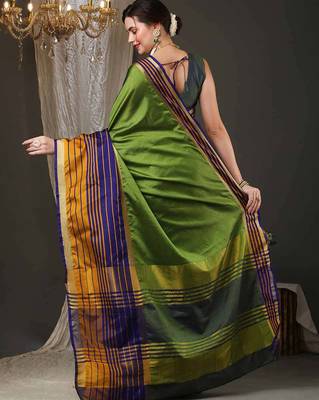 Green border silk blend saree with contrast  blouse 3