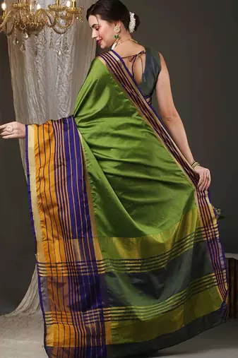 Green border silk blend saree with contrast  blouse