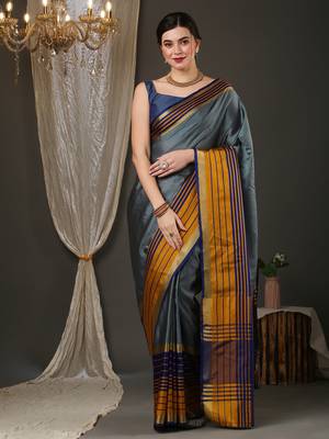 Grey border silk blend saree with contrast  blouse 1