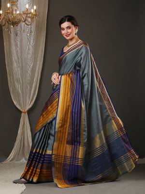 Grey border silk blend saree with contrast  blouse 2
