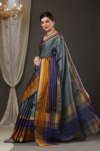 Grey border silk blend saree with contrast  blouse