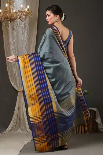 Grey border silk blend saree with contrast  blouse
