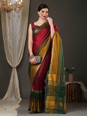 Maroon border silk blend saree with contrast  blouse 1