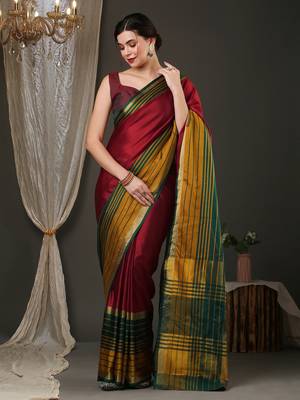 Maroon border silk blend saree with contrast  blouse 2