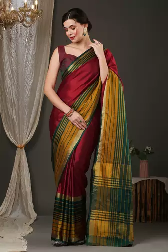 Maroon border silk blend saree with contrast  blouse