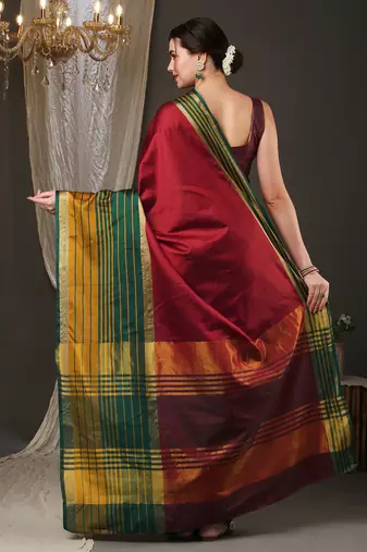 Maroon border silk blend saree with contrast  blouse