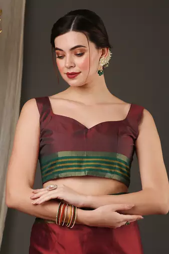 Maroon border silk blend saree with contrast  blouse