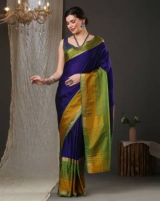 Blue border silk blend saree with contrast  blouse 1