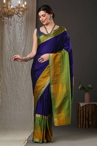 Blue border silk blend saree with contrast  blouse