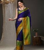 Blue border silk blend saree with contrast  blouse