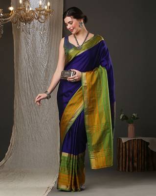Blue border silk blend saree with contrast  blouse 2