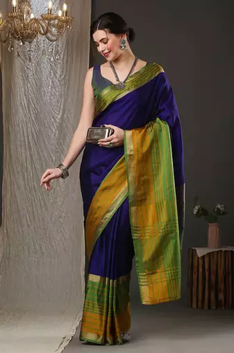 Blue border silk blend saree with contrast  blouse