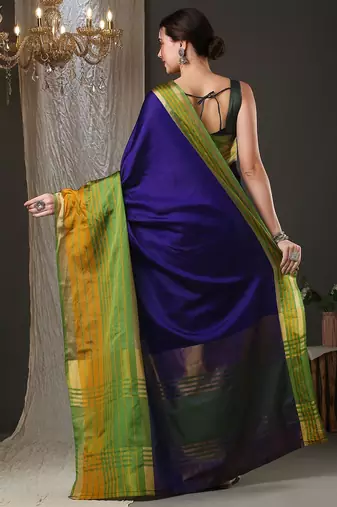 Blue border silk blend saree with contrast  blouse