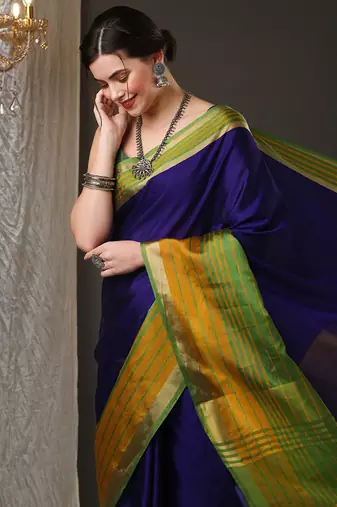 Blue border silk blend saree with contrast  blouse