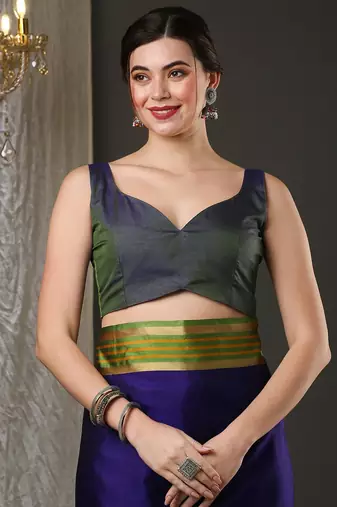 Blue border silk blend saree with contrast  blouse