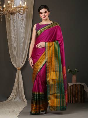 Pink border silk blend saree with contrast  blouse 1