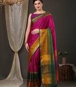 Pink border silk blend saree with contrast  blouse