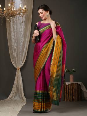 Pink border silk blend saree with contrast  blouse 2